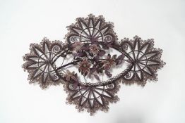 A French beaded flower funeral decoration, in purple, pink, white and green,