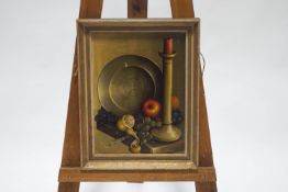 Reekie, 20th century, Still Life of fruit with a pewter plate and candlestick, oil on canvas,