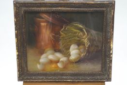 M Cunat-Barberel, Still Life of goose eggs in a basket, Pastel, Signed lower right,