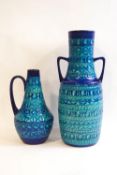 A Bay West German earthenware two handled vase of cylindrical form,
