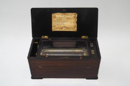 A Victorian Swiss simulated rosewood music box, the lid inlaid with musical motifs,