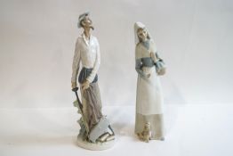 Two Lladro figures, one of a young woman with a dog at her feet, 28cm high,