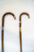 A pair of walking sticks with silver bands and tips,
