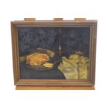 Continental school, 19th century, Still Life of ham and wine, oil on panel,