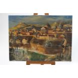 J Guiraud, Continental Town and River Scene, oil on canvas, signed lower right,