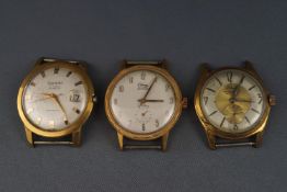 Three various vintage gold-plated and stainless steel wrist watch heads, circa 1940-1960,