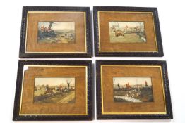 After G D Rowlandson, Fox hunting, overpainted prints, set of four, 12.5cm x 19.