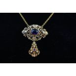 A 9 carat gold, amethyst and half cultured pearl necklace,