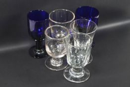 Four 19th century glass rummers, the tallest 12cm high, and two Bristol blue glasses,