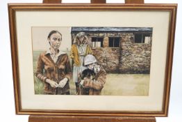 English 20th century school, Three figures and a dog, watercolour and bodycolour,
