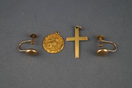 A unmarked screw earrings, Latin cross penda; nt inscribed 'MEJ 7.2.44 - 21.9.