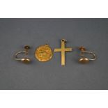 A unmarked screw earrings, Latin cross penda; nt inscribed 'MEJ 7.2.44 - 21.9.