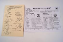 A Manchester United signed 1999 Cup sheet, winners of the Toyota Intercontinental Cup,