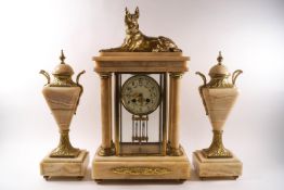 A French marble clock garniture, the clock with pillars and four glass sides,