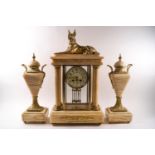 A French marble clock garniture, the clock with pillars and four glass sides,