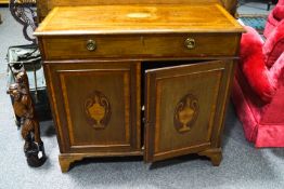 A 19th century mahogany side cabinet with satinwood cross banding and marquetry panels, 89.