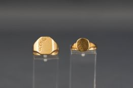 Two 9ct gold signet rings, comprising; one oblong, size M 1/2; the other canted-rectangular, size N,