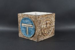 A Troika Pottery cube vase, painted marks to base including SK monogram,