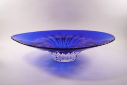 A large Murano style blue glass bowl of oval form,
