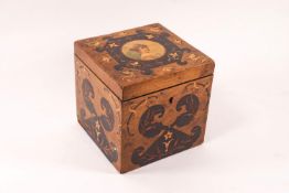 A 19th century inlaid burr wood tea caddy, the lid with painted portrait of a lady,