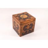 A 19th century inlaid burr wood tea caddy, the lid with painted portrait of a lady,