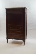A 20th century French mahogany escritoire with marble top over a fall front and three drawers,