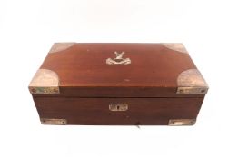 A silver mounted mahogany cigar box, London 1902, with stag and latin motto mounts to lid, 25.