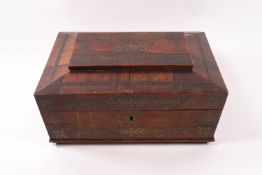 A 19th century rosewood and brass inlaid work box, 11cm high x 25.5cm wide x 19.