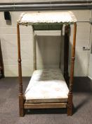 A Victorian mahogany campaign bed with fabric covered canopy and two end posts, takes a 3' mattress,