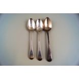 Three George III silver Old English pattern tea spoons, engraved with script initials 'S' or 'MC',
