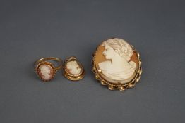 A 9ct gold mounted oval shell cameo ring, brooch and pendant, each cameo depicting a female bust,