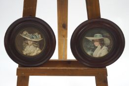 After Morland, Portraits of ladies wearing hats, coloured prints, a pair,