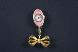 A Swiss silver and pink guilloche enamelled oval pendant watch by Perry Watch Co.