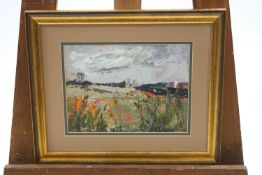 Elizabeth Polunin, Townscape with meadow, oil on board, signed lower right and dated 03, 18cm x 24.