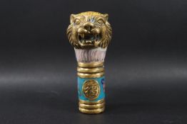 A Chinese cloisonne walking stick handle in the form of a tiger's head, 11.