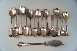A collection of George III and later silver flatware, comprising; three fiddle pattern tea spoon,