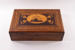A Victorian needlework box, the lid inlaid with a Thames estuary fort,