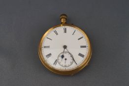 A late Victorian 18ct gold cased open face keyless pocket watch, circa 1899,