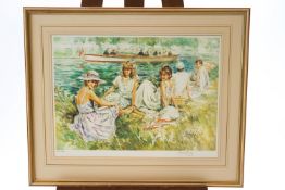 Gordon King, Ladies picnicking on the Riverbank, limited edition print,