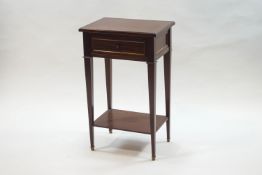 A small French mahogany side table with single drawer on slender tapering legs, 72.