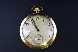 A Swiss Art Deco gold-plated open-face keyless pocket watch,