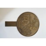 A Japanese bronze hand mirror with moulded cranes in flight and inscription,