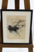 Sytrain Casle, French barges, pen, signed and titled,