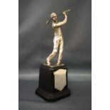 A plated golf trophy, in the form of a figure with golf club in hand, stamped, "1934 Art Metalwork,