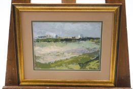Elizabeth Polunin, Townscape with fields, oil on board, signed lower right and dated 03,