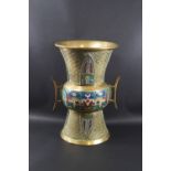 A Chinese polished bronze champleve enamel vase with two handles, of archaic form and pattern, 26.