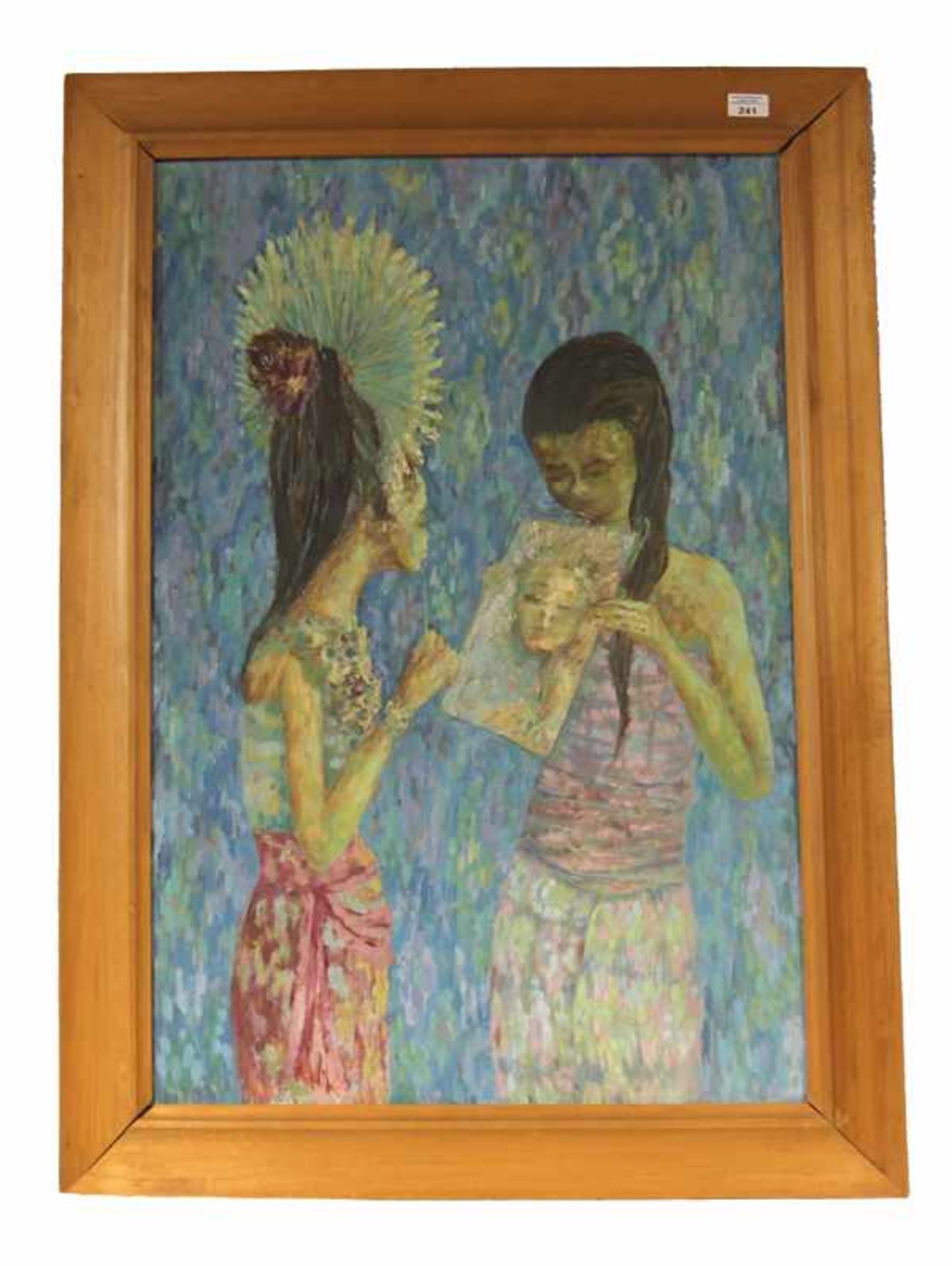 Gemälde ÖL/Hartfaser 'Bildnis von 2 Mädchen', indonesisch, rückseitig beschrieben, gemalt von