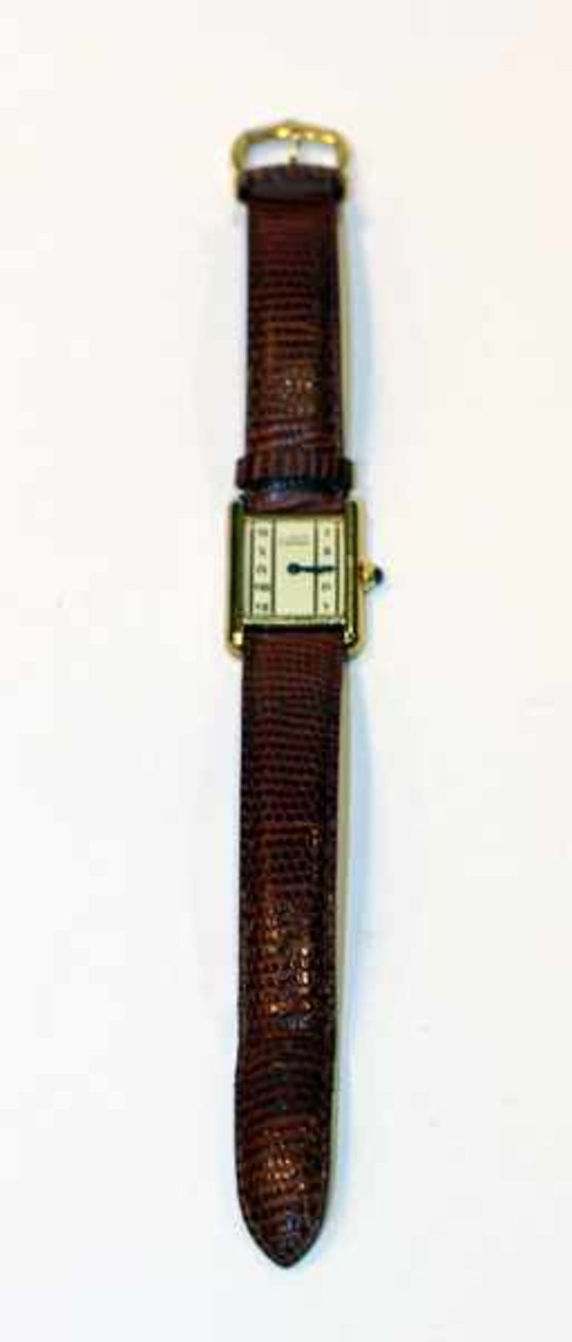 Must de Cartier Tank Quarz Armbanduhr, Vermeil, Silber/vergoldet, neue Batterie, an braunem