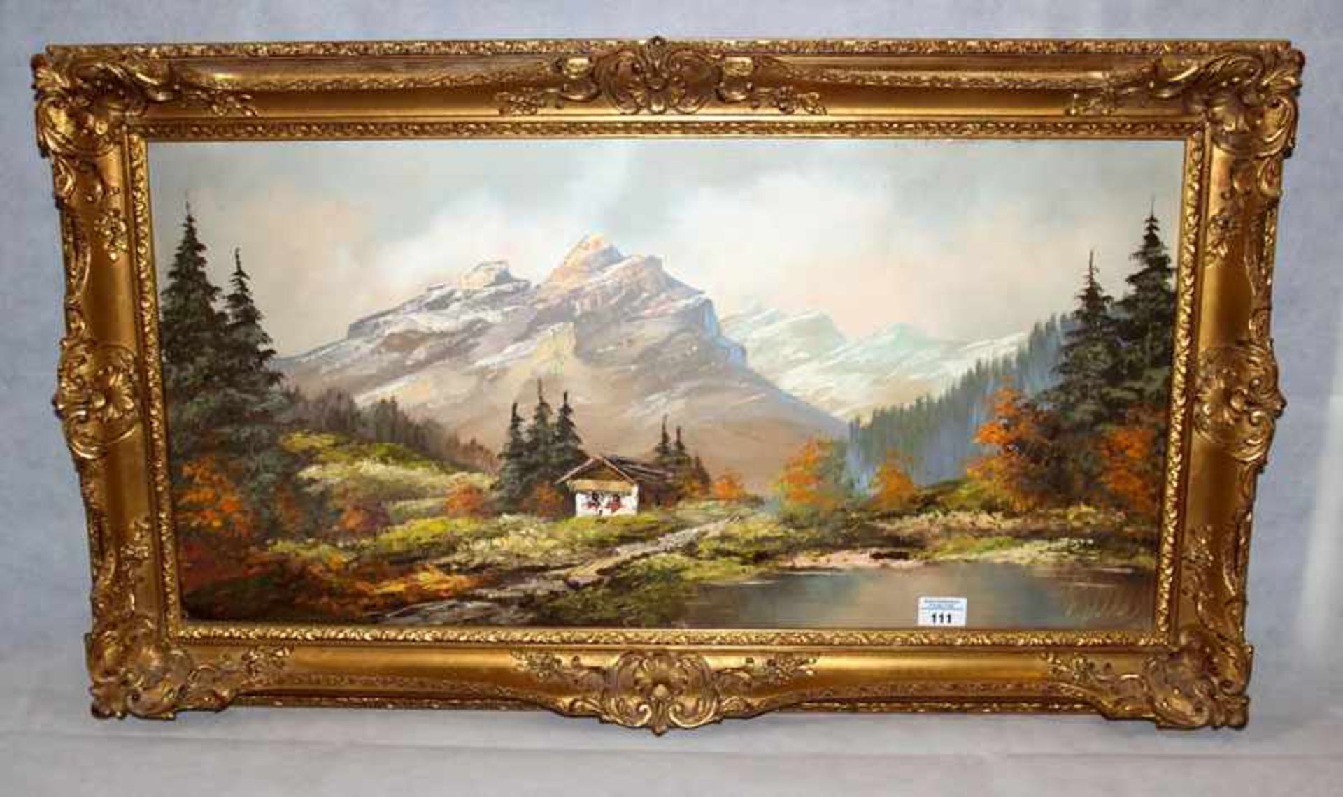 Gemälde ÖL/LW 'Bauernhof im Hochgebirge', undeutlich signiert, gerahmt, incl. Rahmen 54 cm x 95 cm