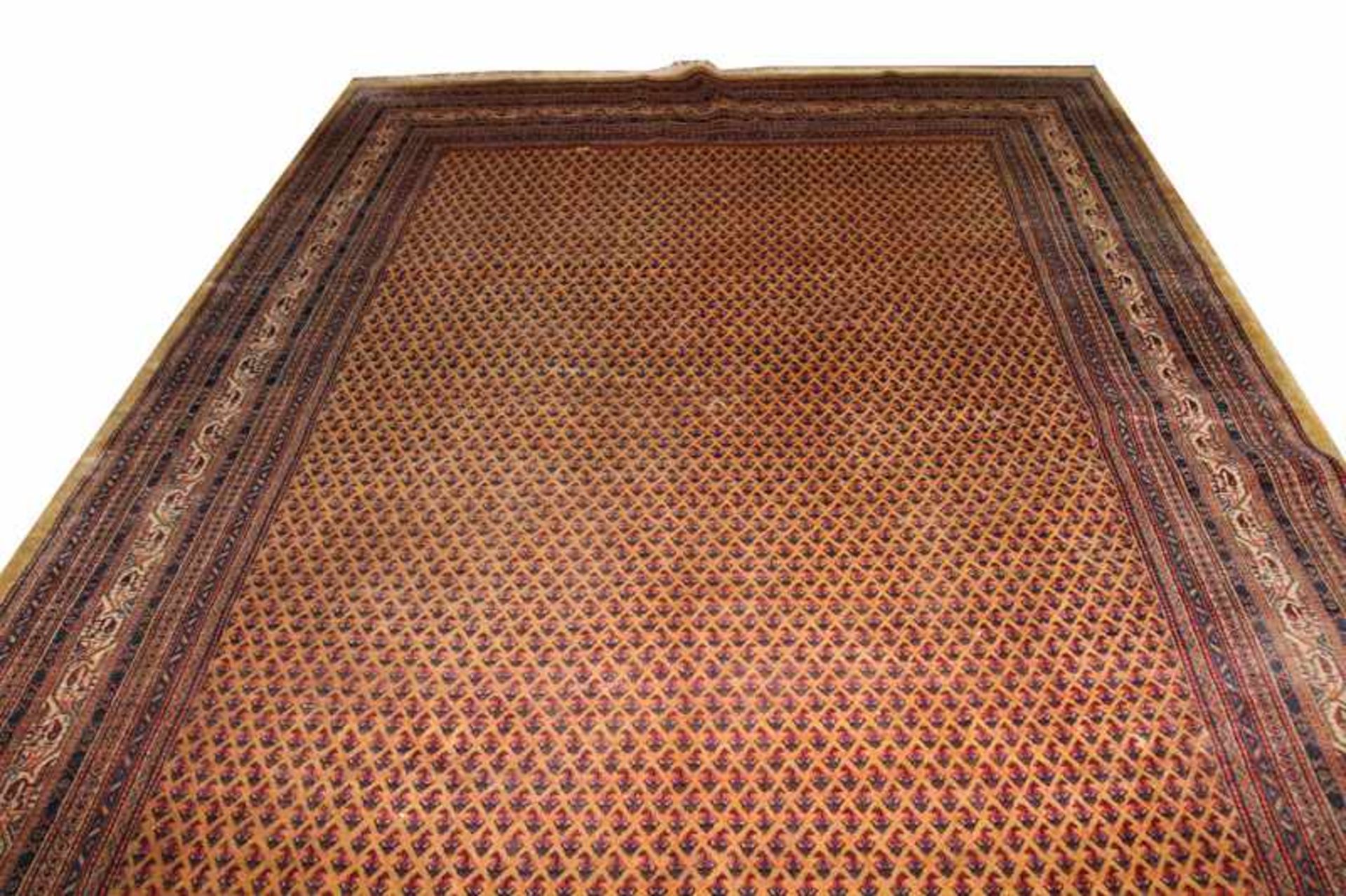 Teppich, Mir, braun/blau/rot, Gebrauchsspuren, fleckig, 370 cm x 249 cm